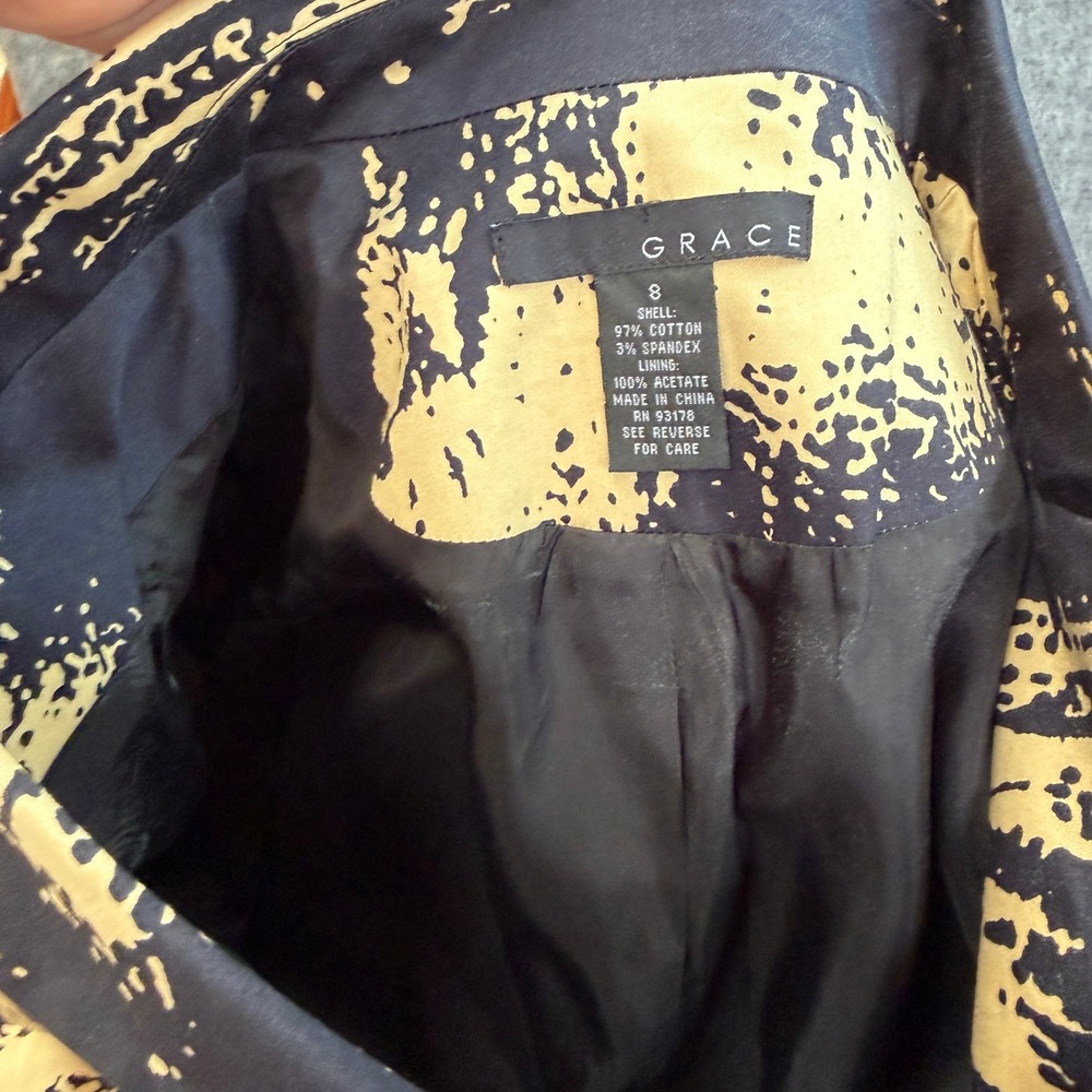 Grace Women Size 8 Black Cream Abstract Print Belted Blazer Cotton Blend Jacket - Picture 4 of 16